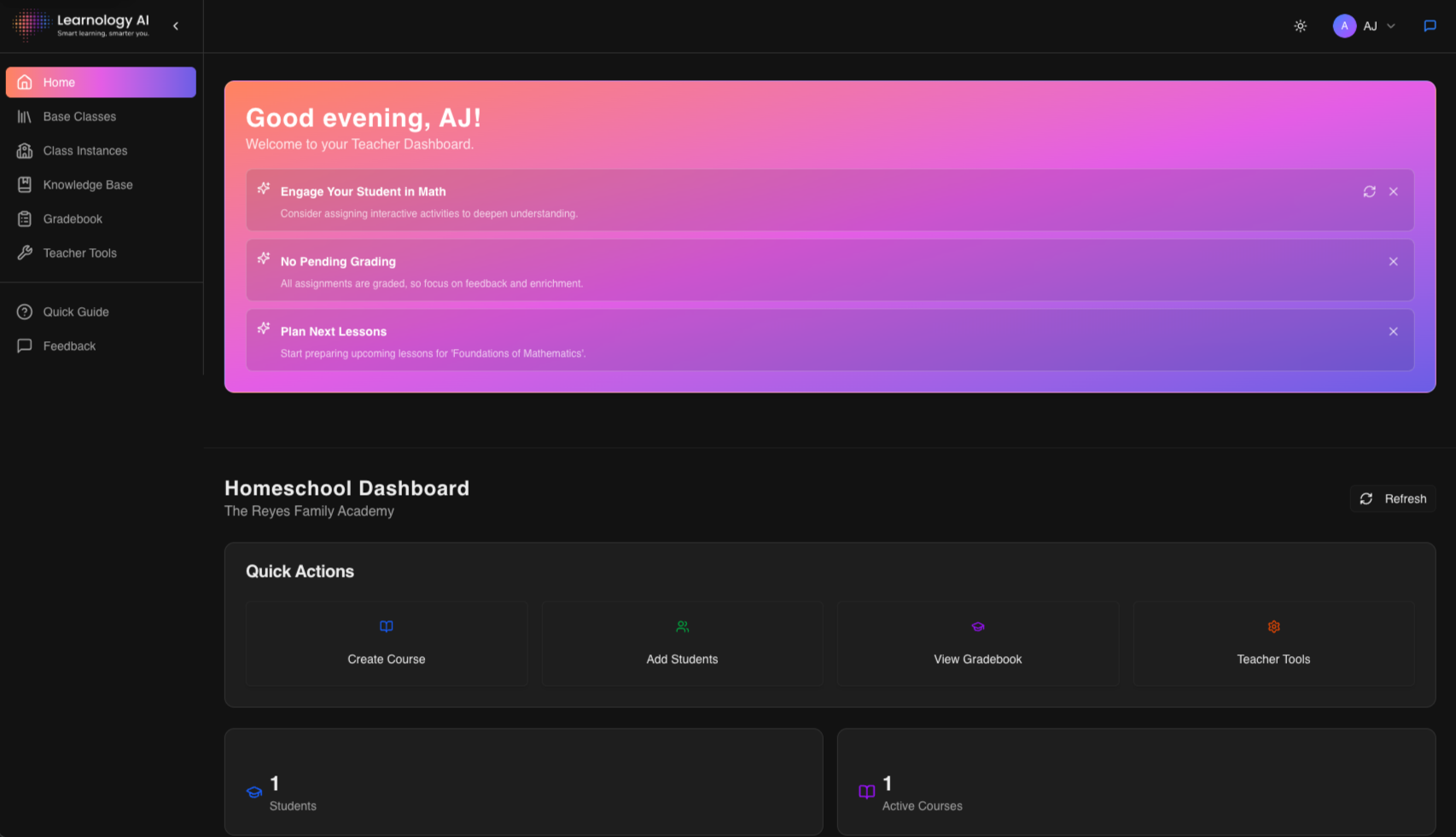 Teacher Dashboard - AI-powered homeschool management interface